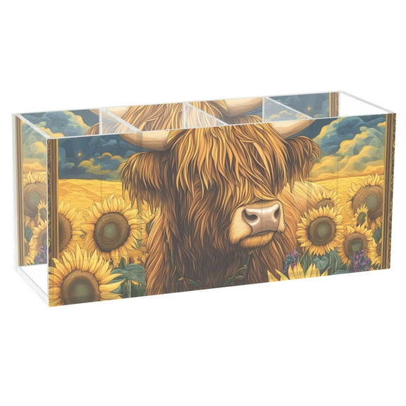 Pen Holder 4 Compartments Acrylic Pencil Cup Desktop Makeup Organizer Office Supplies Highland Cow in Sunflowers Field