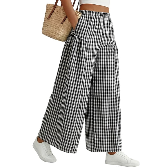 SHEWIN Women's Wide Leg Palazzo Pants Casual Elastic High Waisted Cotton Gingham Plaid Culottes Trousers with Pockets