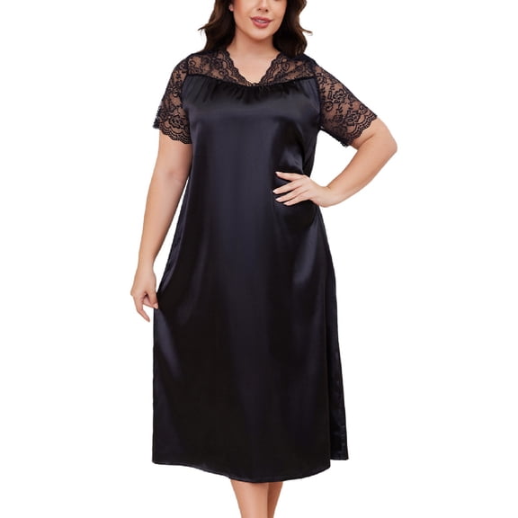 SWSMCLT Women's Plus Size Nightgown Pajamas Satin Pjs Soft Silky Short Sleeve Luxury Long Comfy Mesh Fall Nightgown Black 5X-Large