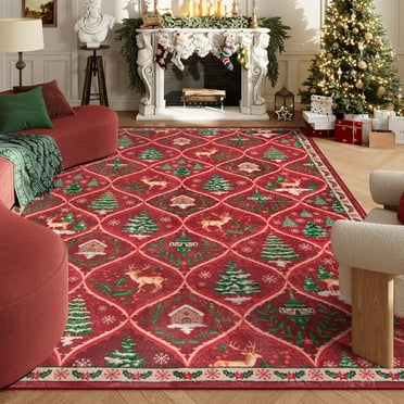 Moynesa 8'x10' Christmas Area Rug for Living Room,Red Large Rug Xmas Tree Modern Rug Kitchen Rug Washable Rug Non Slip Moroccan Carpet Holiday Decor Soft Accent Rug for Bedroom Dining Room