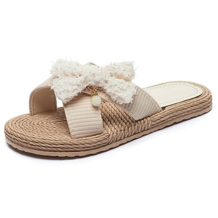 

Fanxing Womens Sandals Dressy Summer Linen Braided Thick Sole Comfortable Bohemia Slides Cross Bands Casual Flats Sandals