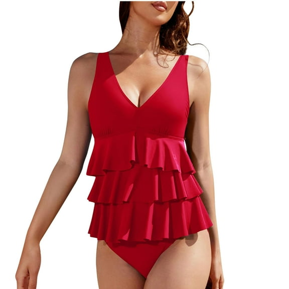 MGDXOX Womens One Piece Swimsuit Tummy Control Slimming Bathing Suit Layered Ruffle Flowy Pleated Full Coverage Swimwear Red M
