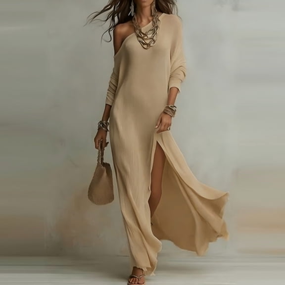 Women's Maxi Dresses One Shoulder Long Sleeve with Slit Dresses Casual Beach Vacation Style Lightweight Breathable Loose Fit Summer Dresses