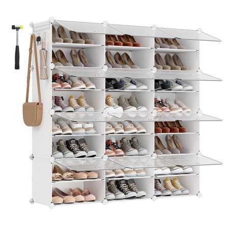 SONGMICS Shoe Rack 12 Cubes Shoe Organizer with Doors 48 Pair Plastic Shoe Storage Cabinet for Bedroom Entryway Steel Frame