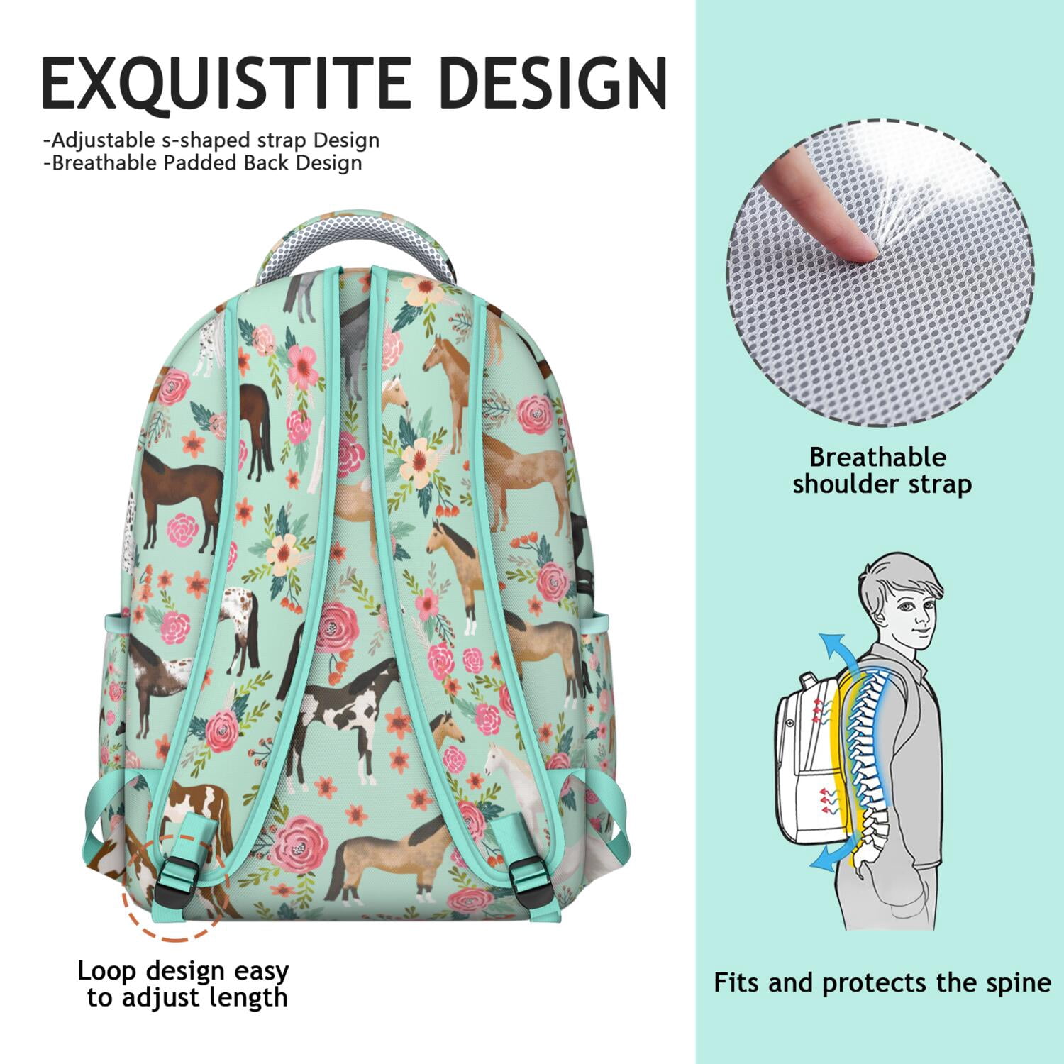Cute Horse Lovers Backpack - Waterproof & Lightweight with Rainbow Print, Ergonomic Spinal Support for agers & Commuters