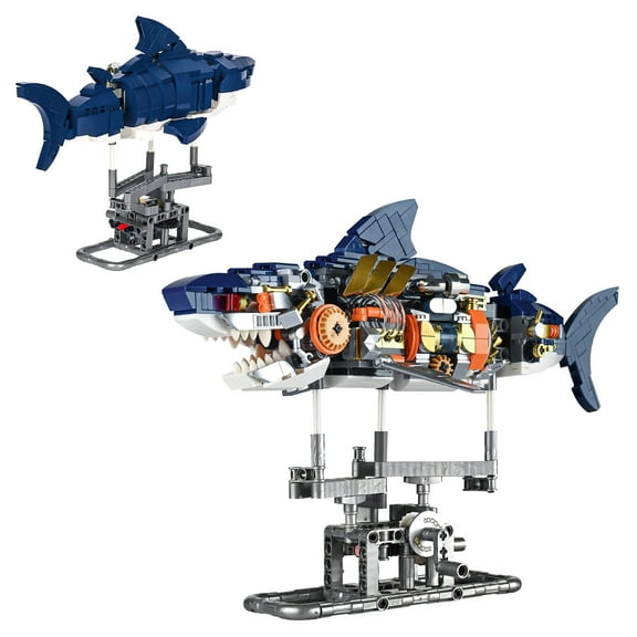 HI-REEKE Sea Creature Building Block Set Shark Toy with Display Stand and Light for Adult Blue