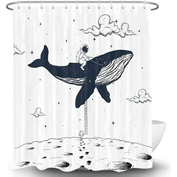 Kids Shower Curtain Cool Astronaut Bathroom Decor, Fantasy Whale Planet Boys Girls Cool Bathtub Curtains, Cute White Cloth Fabric Shower Curtain Sets with Hooks, 69X70 Inch