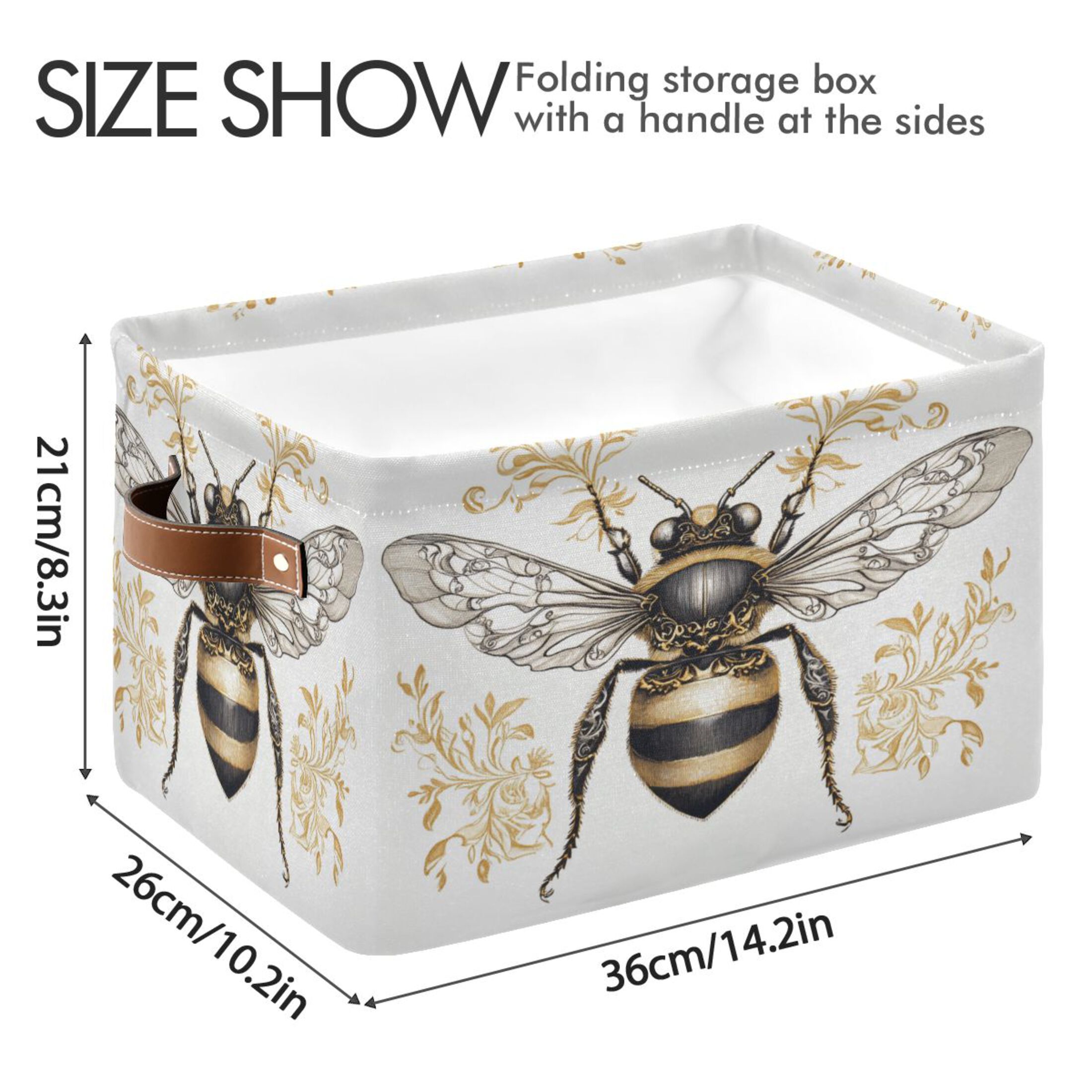 Bee with Ornate Patterns Foldable Storage Basket,Canvas Fabric Foldable Storage Bins with Handles Open Home Storage Bins Boxes for Toy Book Shelf Closet Baskets