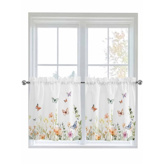 Half Window Curtain 36 Inches Long, Spring Floral Window Treatment Curtain Drapes, Butterfly Summer Botanical Watercolor Small Tier Curtains for Bathroom Over Sink, 27.5"x36", 2 Panels