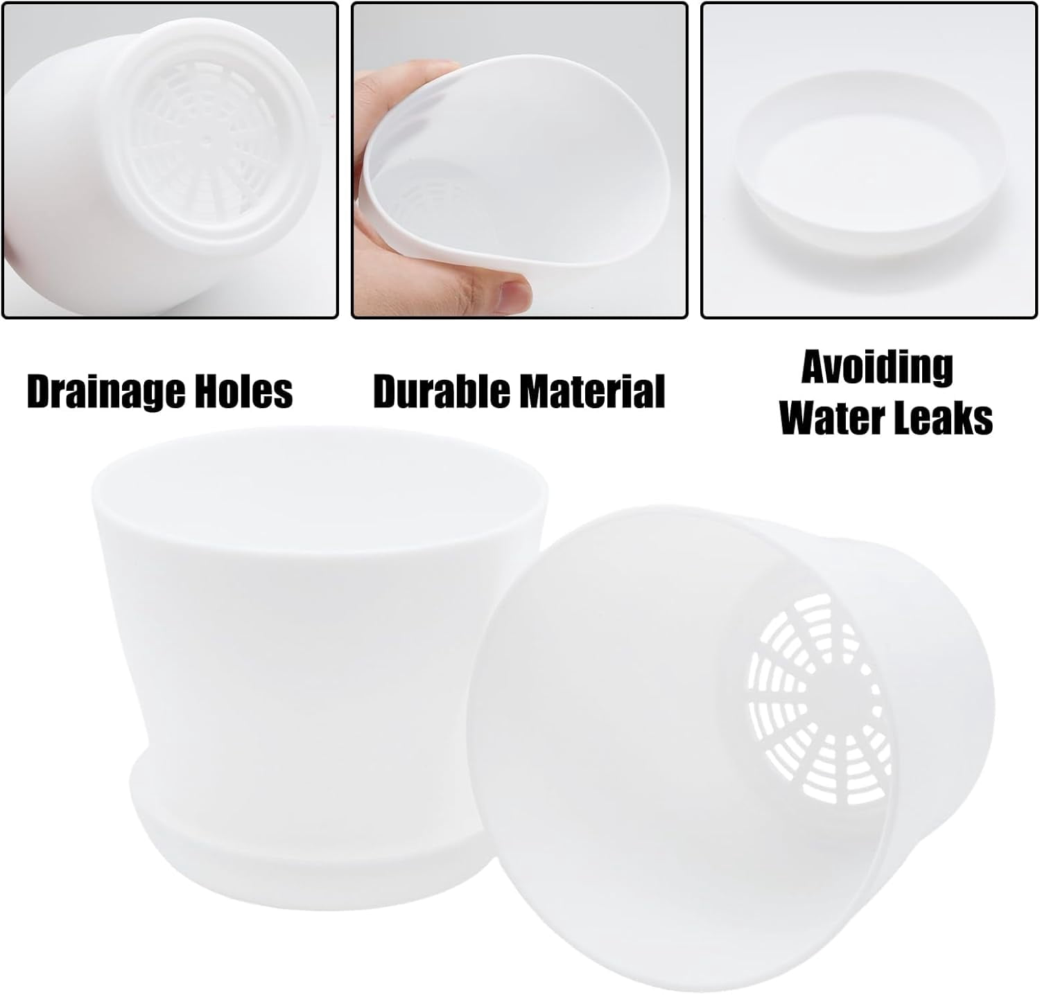 GIXUSIL 8-Pack 4.8 inch Plastic Plant Pots with Saucers, Thickened Nursery Pots with Drainage Holes for Indoor Outdoor Plants, Flowers, Succulents, Herbs, White