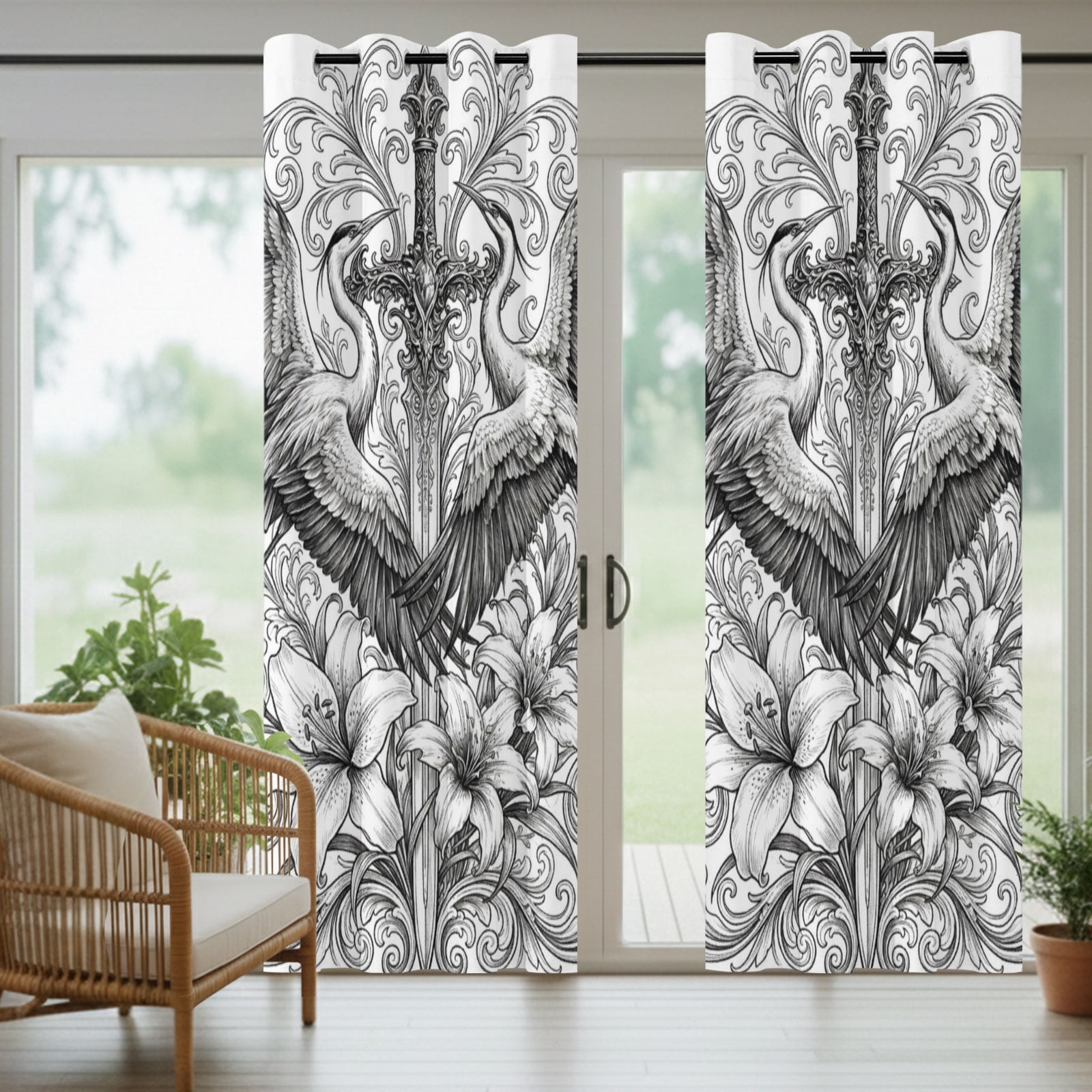 Sword Lily Flowers Outdoor Curtains for Patio, Floral Sword Goth Vintage Sunshade Privacy Drapes Grommet Waterproof Outside Curtains for Porch/Cabana/Balcony 54"x 108", 1 Panel