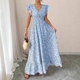 thumbnail image 4 of Women's Summer Floral Long Dress with Ruffled V-Neck and Short Sleeves, Large Hem Dress, 4 of 9