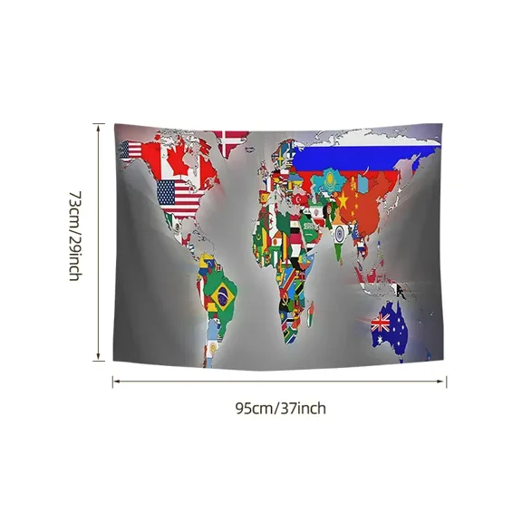 World Map with Flags Tapestry - Educational Geography Wall Hanging, Travel Decor for Classroom, Bedroom, Office - 37x29 Inches