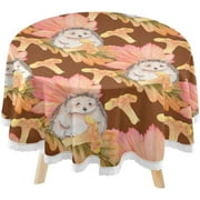 SKYSONIC Watercolor Hedgehog Round Tablecloth 60inch Indoor Wrinkle Free, Autumn Chanterelles Circular Lace Table Cover Washable for Kitchen Party BBQ Dining Decor