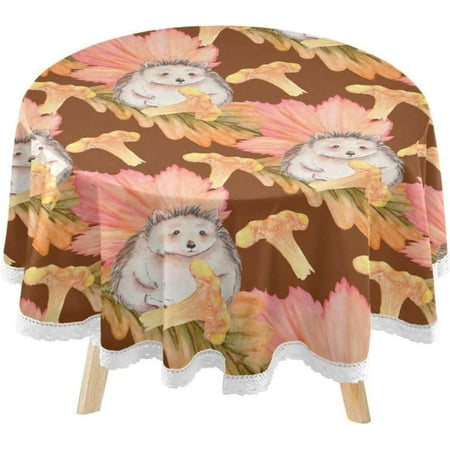 SKYSONIC Watercolor Hedgehog Round Tablecloth 60inch Indoor Wrinkle Free, Autumn Chanterelles Circular Lace Table Cover Washable for Kitchen Party BBQ Dining Decor