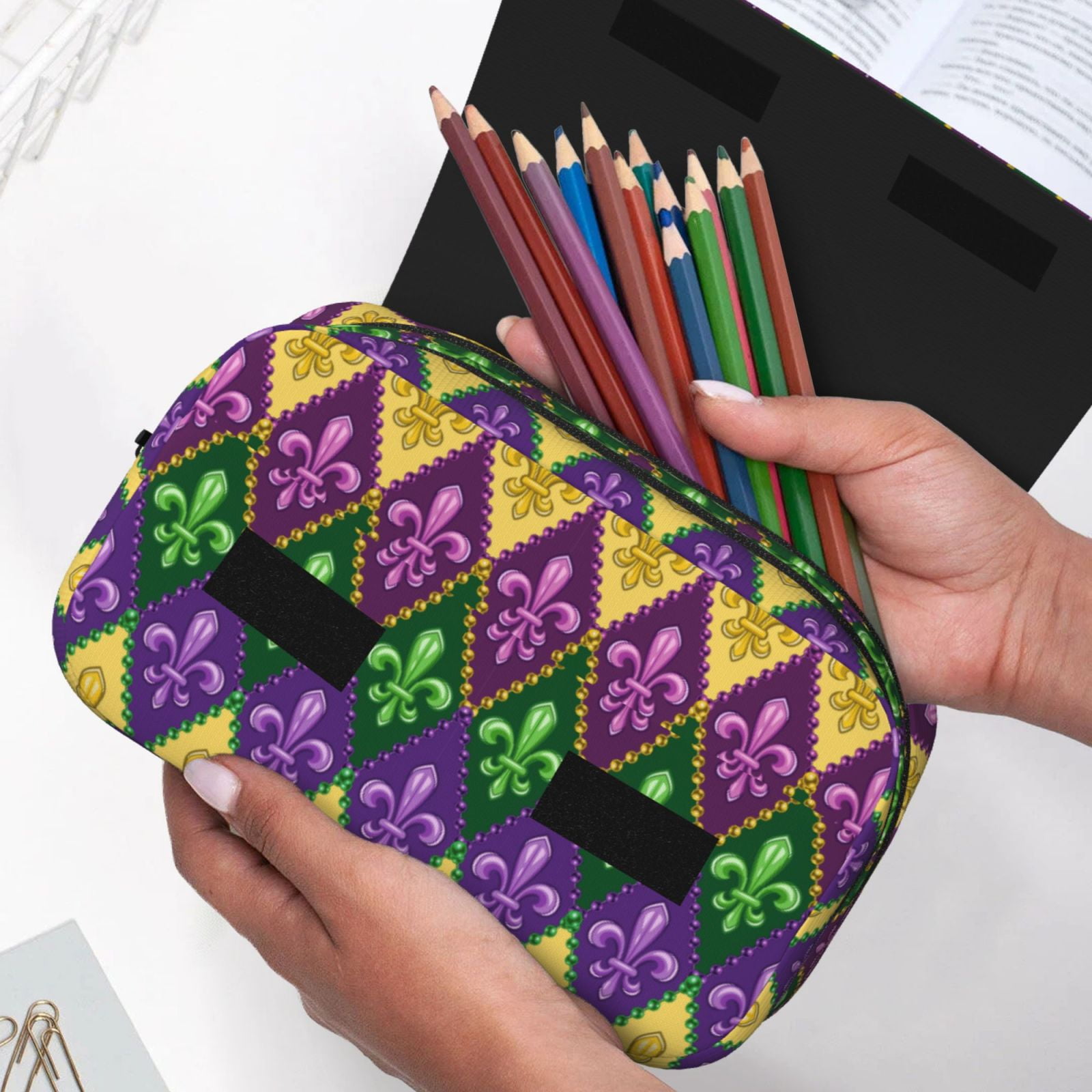 Rateoe Mardi Gras4 Pattern Double Clamshell Pen Case, Storage Organizer with Two Zipper Compartments– Holds Up to 50 Pencils & Pens