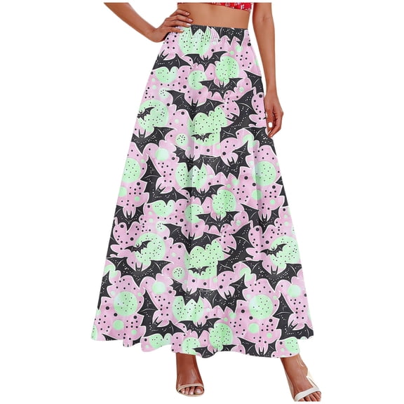 Vynhevius Women Halloween Print Skirt Elastic Waist A-line Flowy Party Maxi