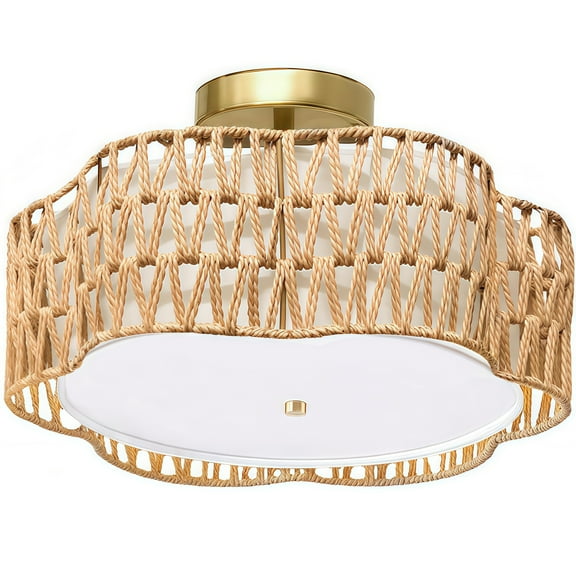 13.4" Rattan Flush Mount Ceiling Light Fixtures,3-Light Boho Light Fixtures Ceiling Mount for Bedroom,Small Rattan Chandelier,Gold Mini Chandelier Lighting for Dining Room Hallway