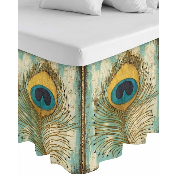 Teal Peacock Feathers Wrap Around Bed Skirts for Queen Bed 18" Drop,Bed Skirt with Adjustable Elastic Belt Dust Ruffle Bed Valance for Bedroom Hotel Retro Abstract Art Watercolor Bed Frame Cover