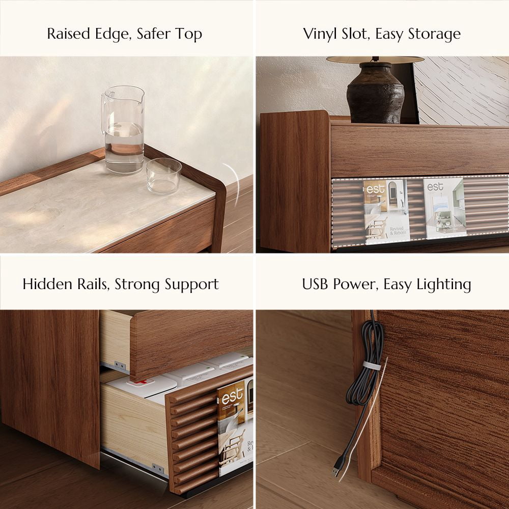 POVISON-70.87" Mid-Century Matte Sintered Stone Tabletop TV Stand, Modern Entertainment Center, Walnut Color Cabinet with Adjustable Light, Fully-Assembled, Perfect for 65-inch TVs