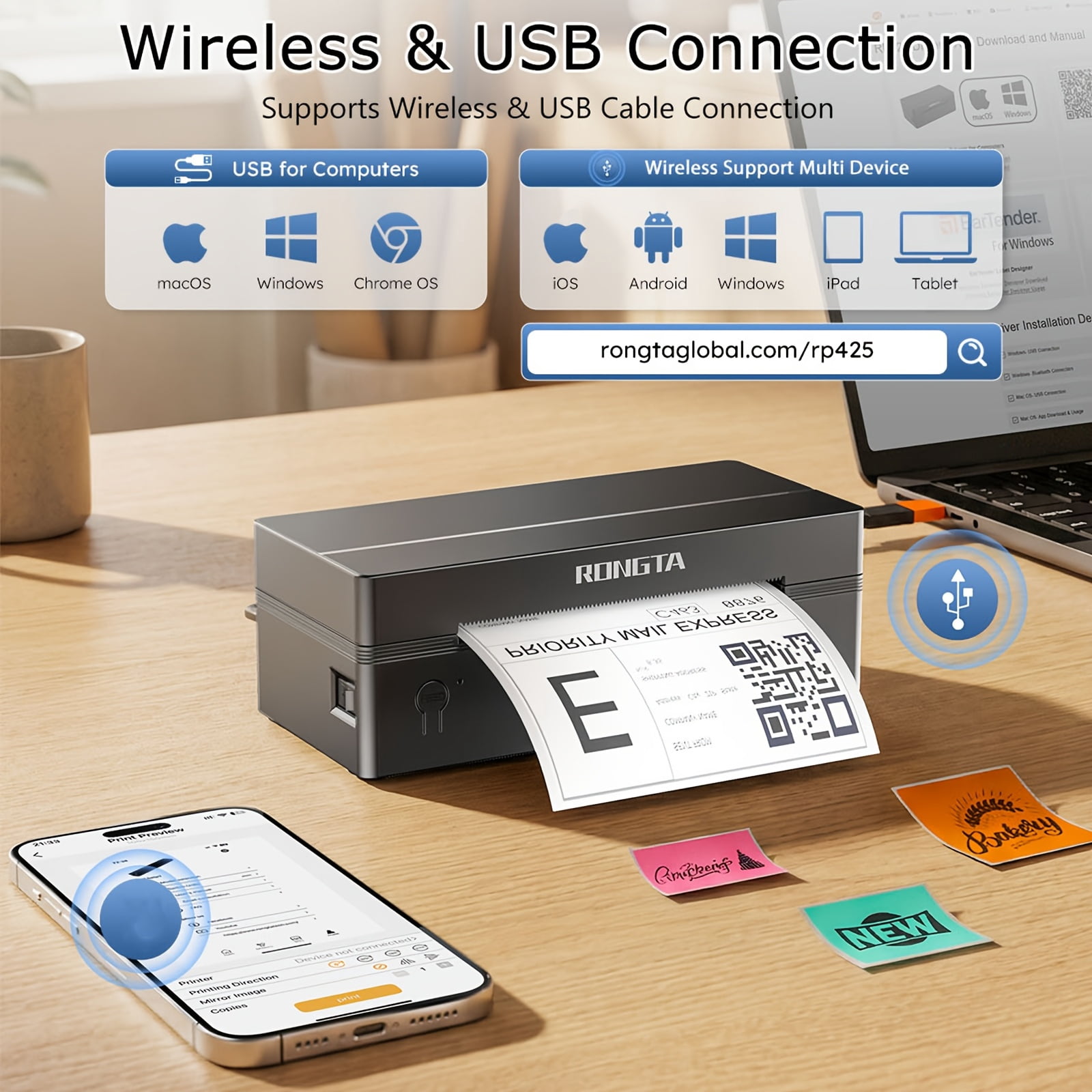 Wireless Thermal Printer RP425 - 203 DPI Ink-free Label Printer - Compatible with Android/iPhone/Windows · Ideal for Small Businesses and Home Offices · Label Maker