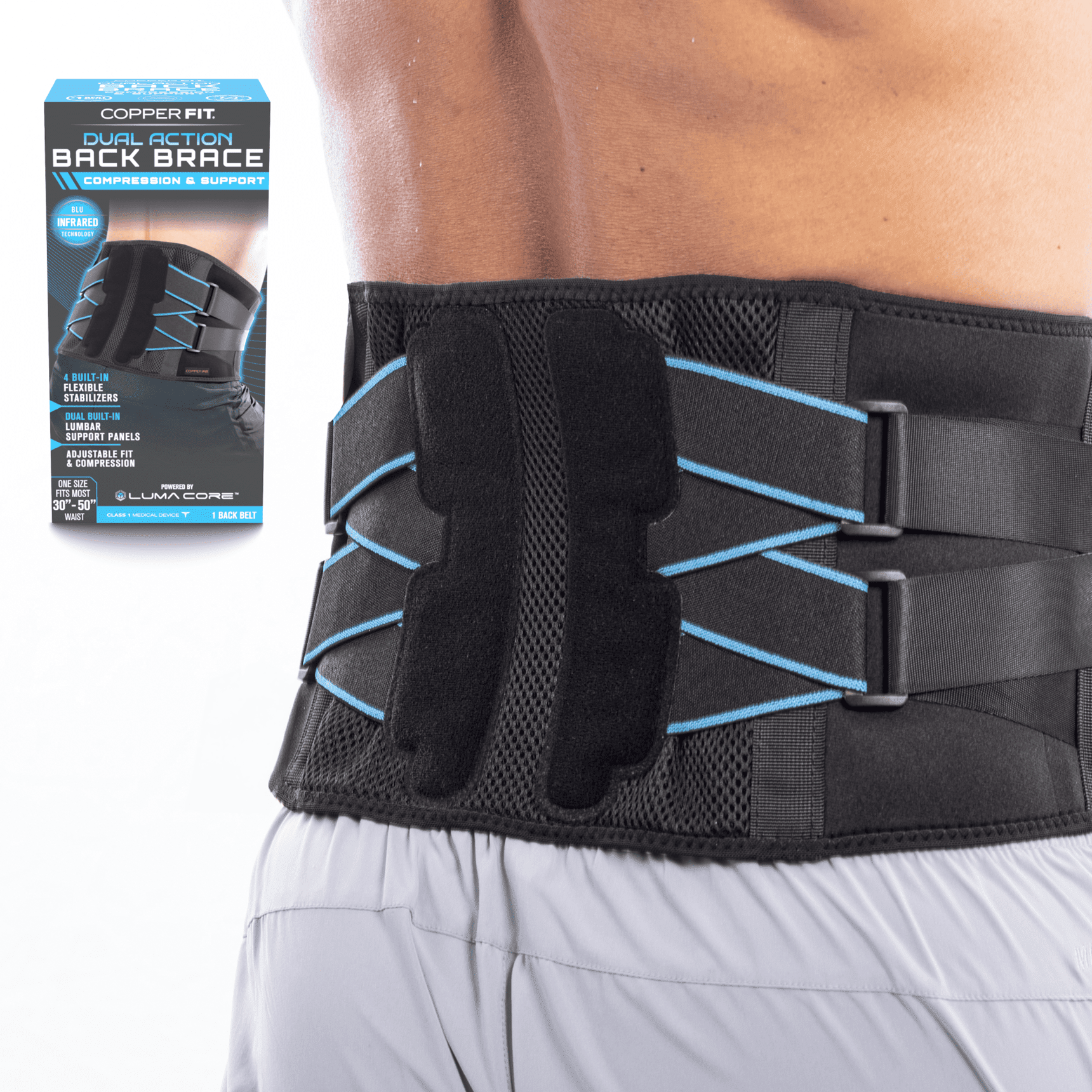 Copper Fit Dual Action Back Brace, Built in Lumbar Support Panels, Adjustable Fit and Compression, 30"-50"