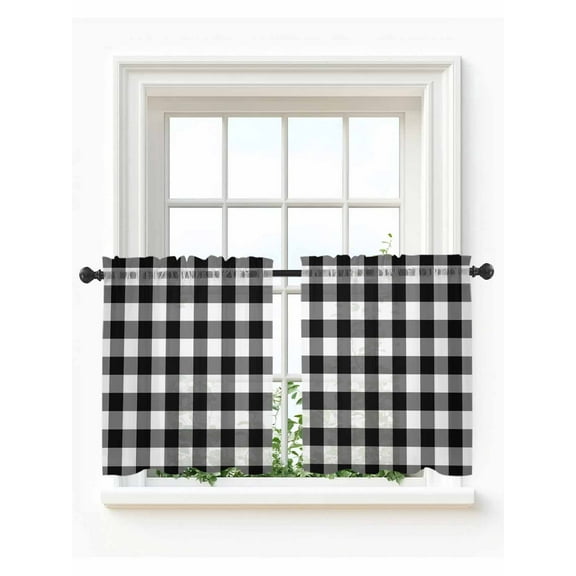 Black White Plaid Tier Curtains 24 Inch Length,Sheer Curtains for Bedroom Living Room,Gradient Geometric Buffalo Checkered Rod Pocket Voile Drapes Kitchen Curtains for Small Window 27.5"x24" 2 Panels