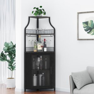 Corner Wine Cabinet, Bar Cabinet with Large Storage Space and Detachable Wine Rack, Wine Cabinets with Glass Holder and Mesh Door for Dining Room, Living Room, Kitchen