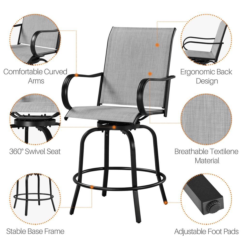 Renwick Patio Swivel Bar Stools with High Back, Set of 2, Black/Light Gray
