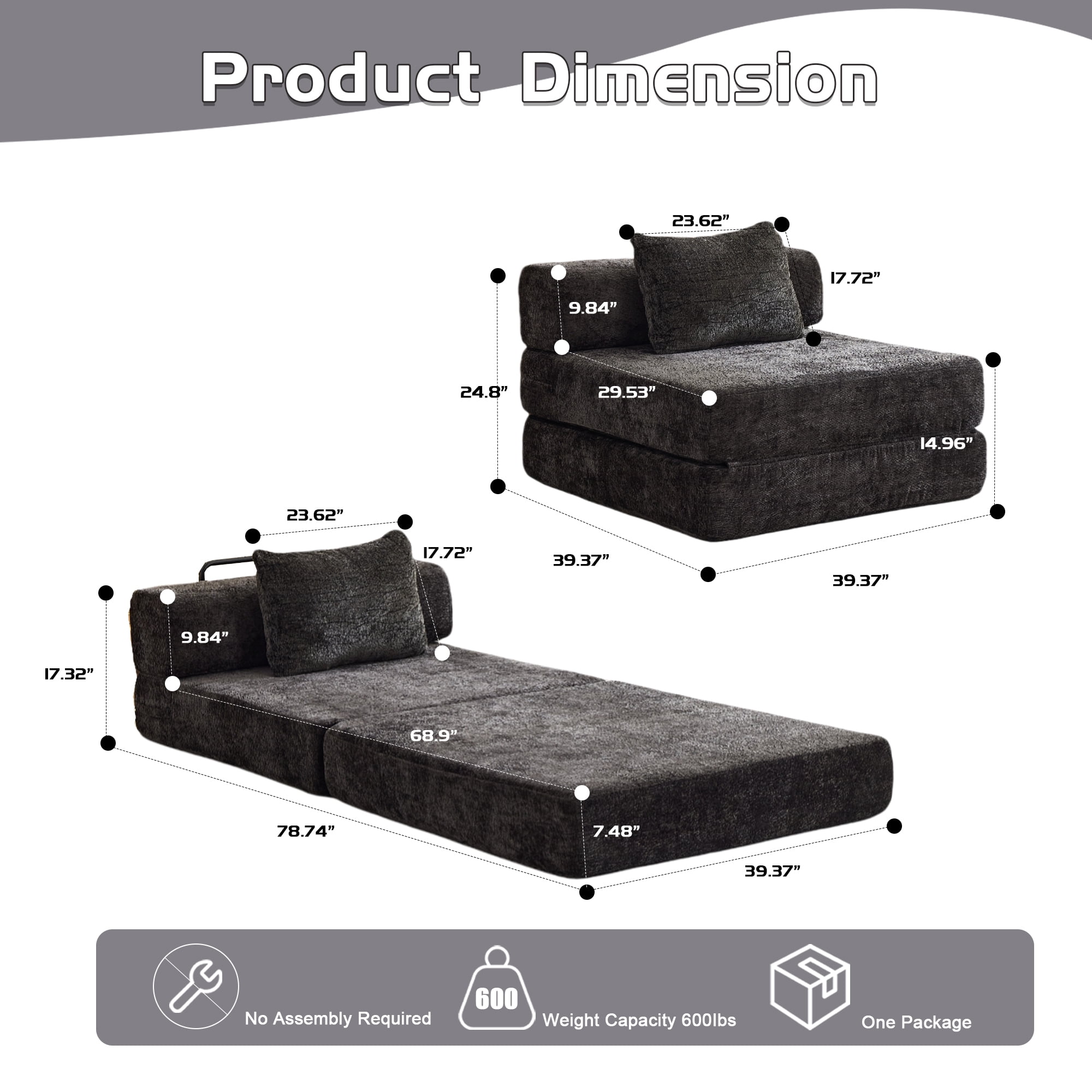 Miniyam Folding Sofa Bed, Convertible Sleeper Chair with Pillow Foldable Mattress with Back Support, Black