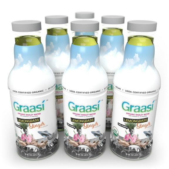Graasi Organic Barley Grass Water | Hydration Drink with Vitamin C, D, Zinc | USDA Organic, Non-GMO, Vegan | Low-Calorie Wellness Beverage | Lemongrass Ginger | 6 Pack (16 Fl Oz Bottles)