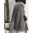 thumbnail image 3 of FEORJGP Women’s Shimmer Long Skirt Metallic Party Skirt Elastic High Waist Skirt Solid Color Pleated A-line Skirt Streetwear Elegant Chic Gothic Fashion Skirt, 3 of 9