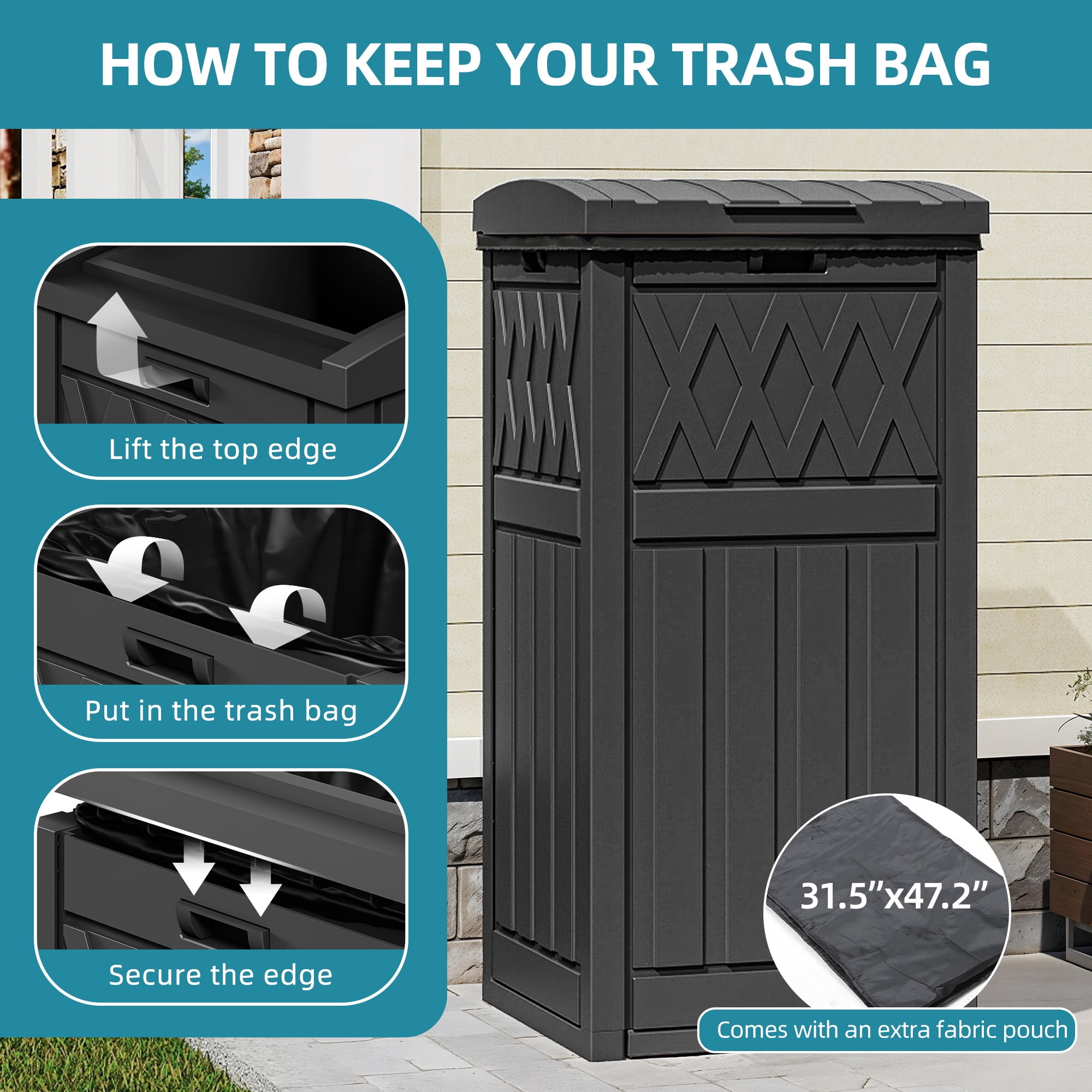Uforic 32 Gallon Outdoor Trash Can, Waterproof Resin Garbage Bin with Lid & Drip Tray for Porch Backyard Patio, Black