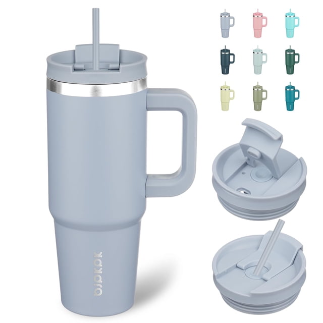 BJPKPK - Vaso con asa de acero inoxidable aislado de 30 onzas con tapa y popote para agua o café helado, color azul moderno