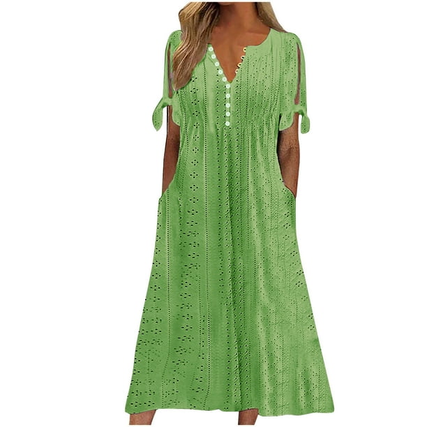 Vestido Corto de Manga Larga para Mujeres Moda Verano Casual Cuello en V Botón de Manga Corta Vestido Largo