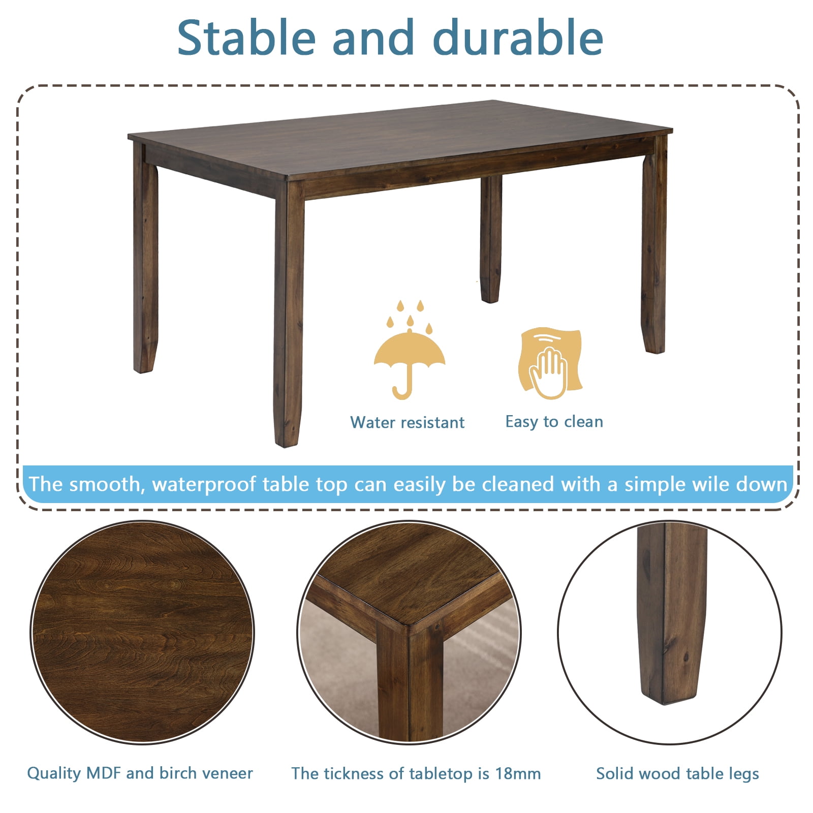 MAYEERTY Wooden Dining Rectangular Table, Kitchen Table for Small Space, 4 Person Dining Table, Walnut，ONLY THE TABLE