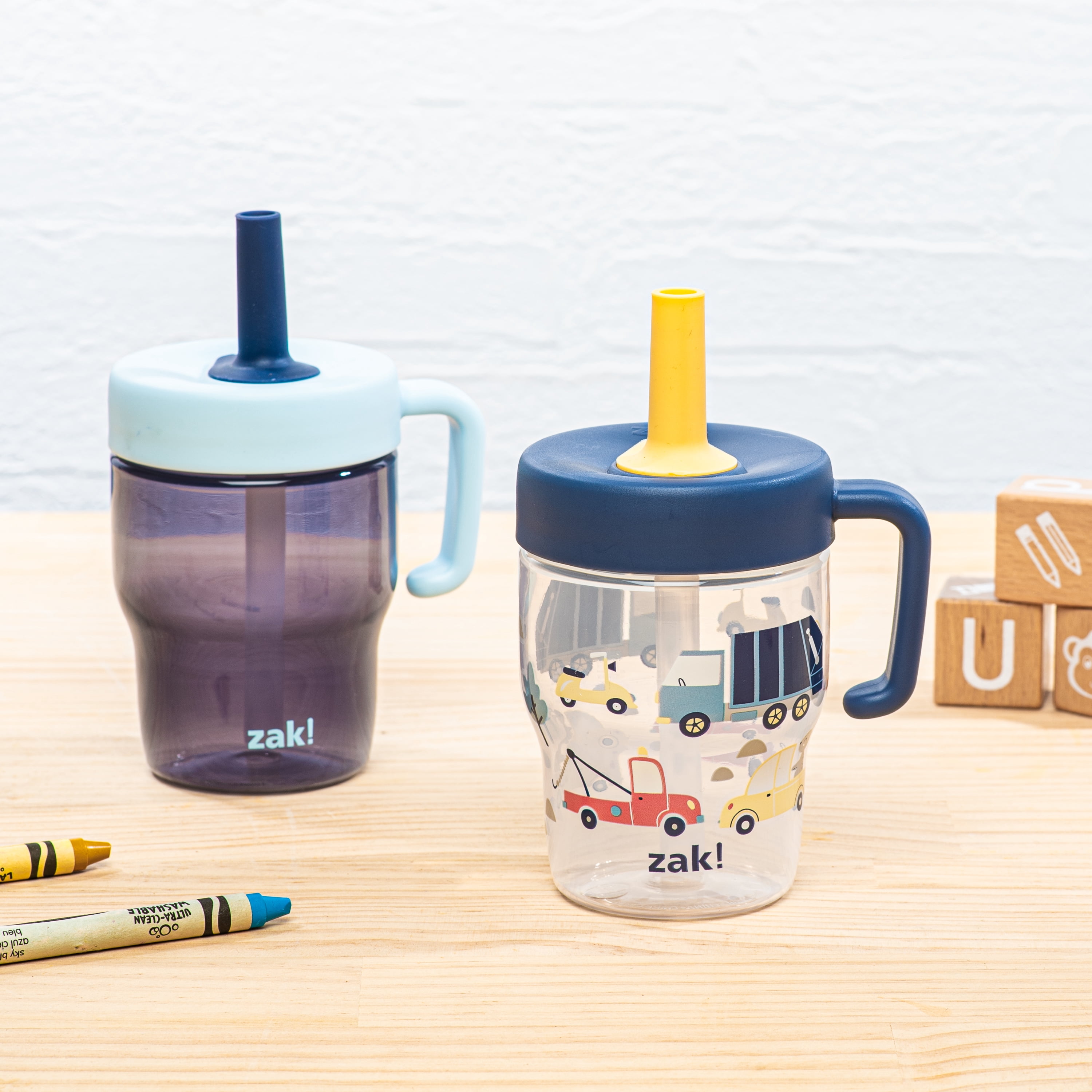 Zak Designs Capri Toddler Tumbler For Travel or At Home, 10oz 2-Pack Durable Plastic Sippy Cups With Handle and Leak-Proof Design are Perfect For Kids (Mainstreet and Lapis)