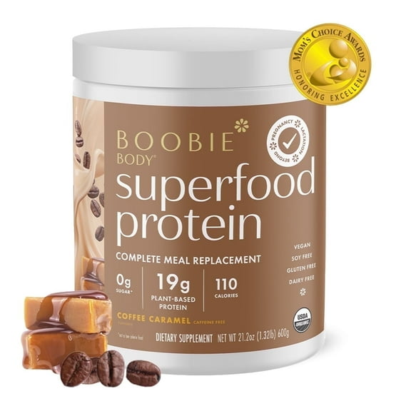 Boobie Body Organic Superfood Plant-Based Protein Shake, Coffee Caramel, [21.3oz, 1 Tub]