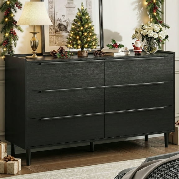 54" Wide Black 6-Drawer Dresser, Modern Minimalist Storage Cabinet with Metal Handles for Closet, Hallway, Living Room