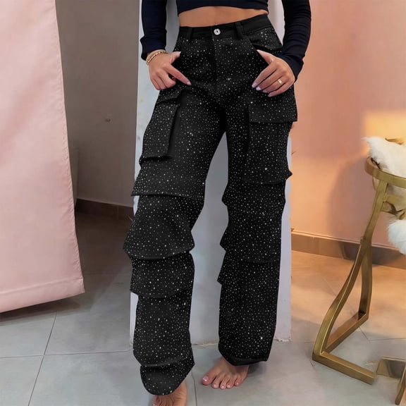 Hxlamzoo Women's Fashion High Waisted Jeans Rhinestone Embellished with Pockets Denim Pants