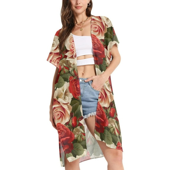 joogoo Women's Luxury Roses Flower Beach Cover Up Kimono Swimsuit Summer Cardigan Swimwear S