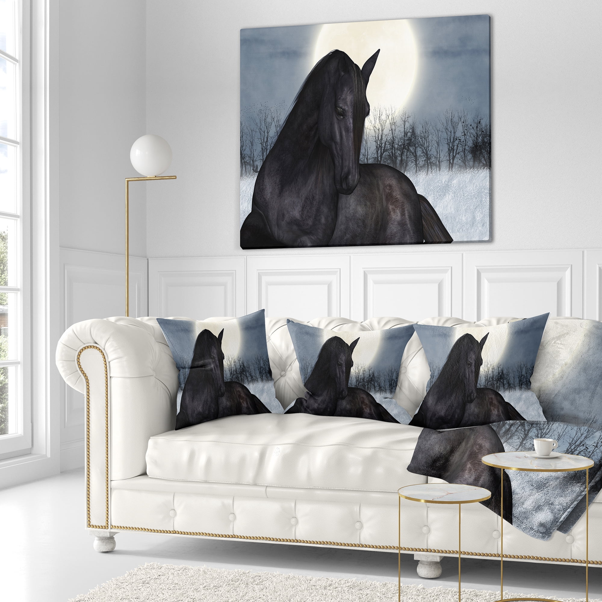 Designart Black Horse in Moonlight - Animal Throw Pillow - 16x16