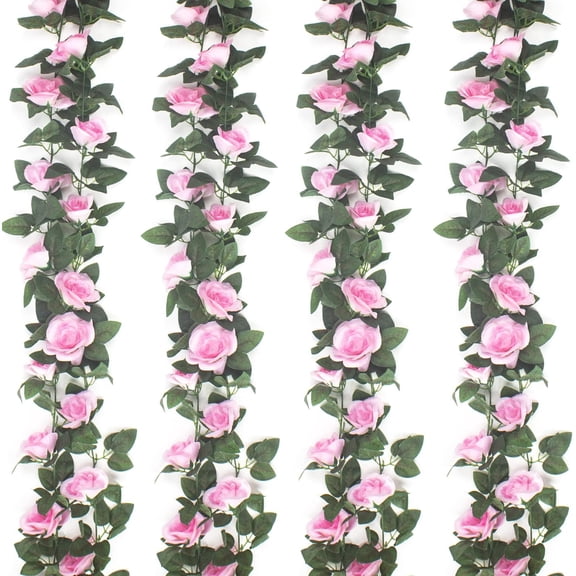 4Pcs(32 FT) Artificial Rose Vine Fake Flower Garland Hanging Rose Ivy Hanging Baskets Wedding Arch Garden Background Decor (Red)