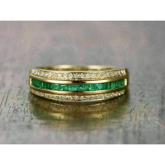 2Ct Lab Created Green Emerald Wedding Band Ring Solid 14K Yellow Gold Finish