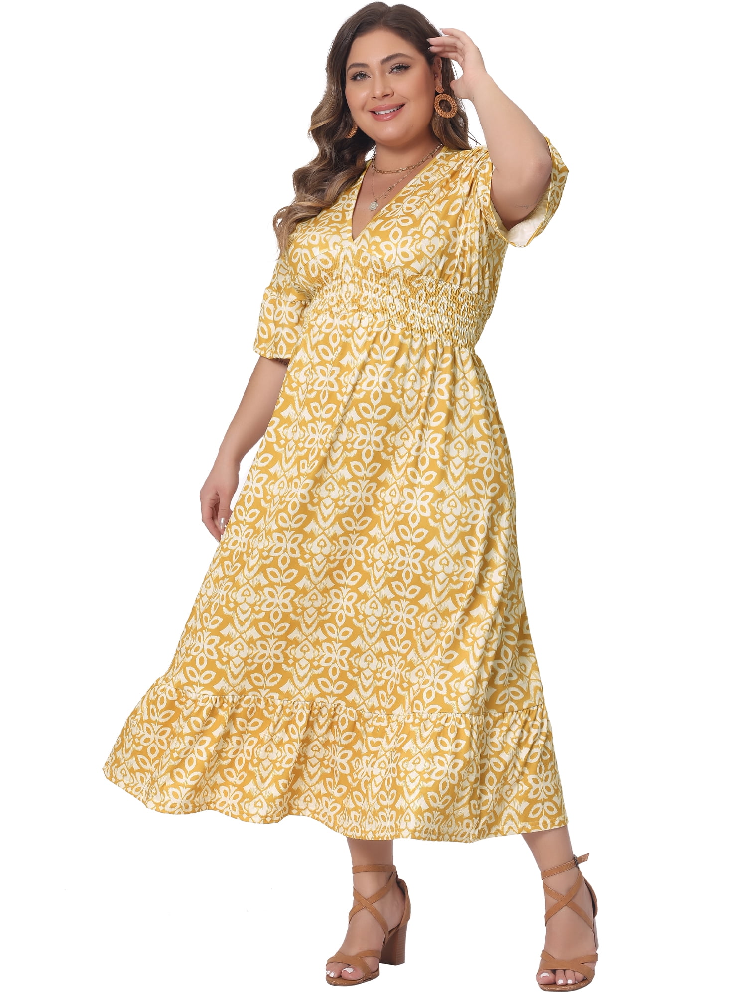DARING DIVA Women's Plus Size Bell Sleeve Ruffled Hem Boho A Line Dress 1X Yellow