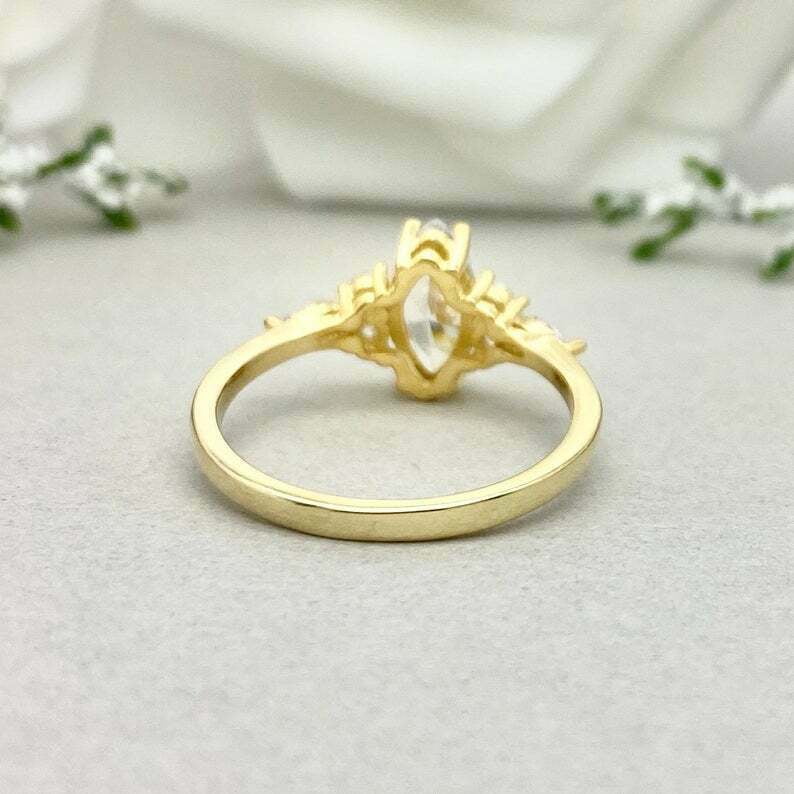 HeartsAndYou 1.5ct Engagement Ring for Women Marquise Cut Moissanite Petite Solitaire 18k Yellow Gold Over Silver