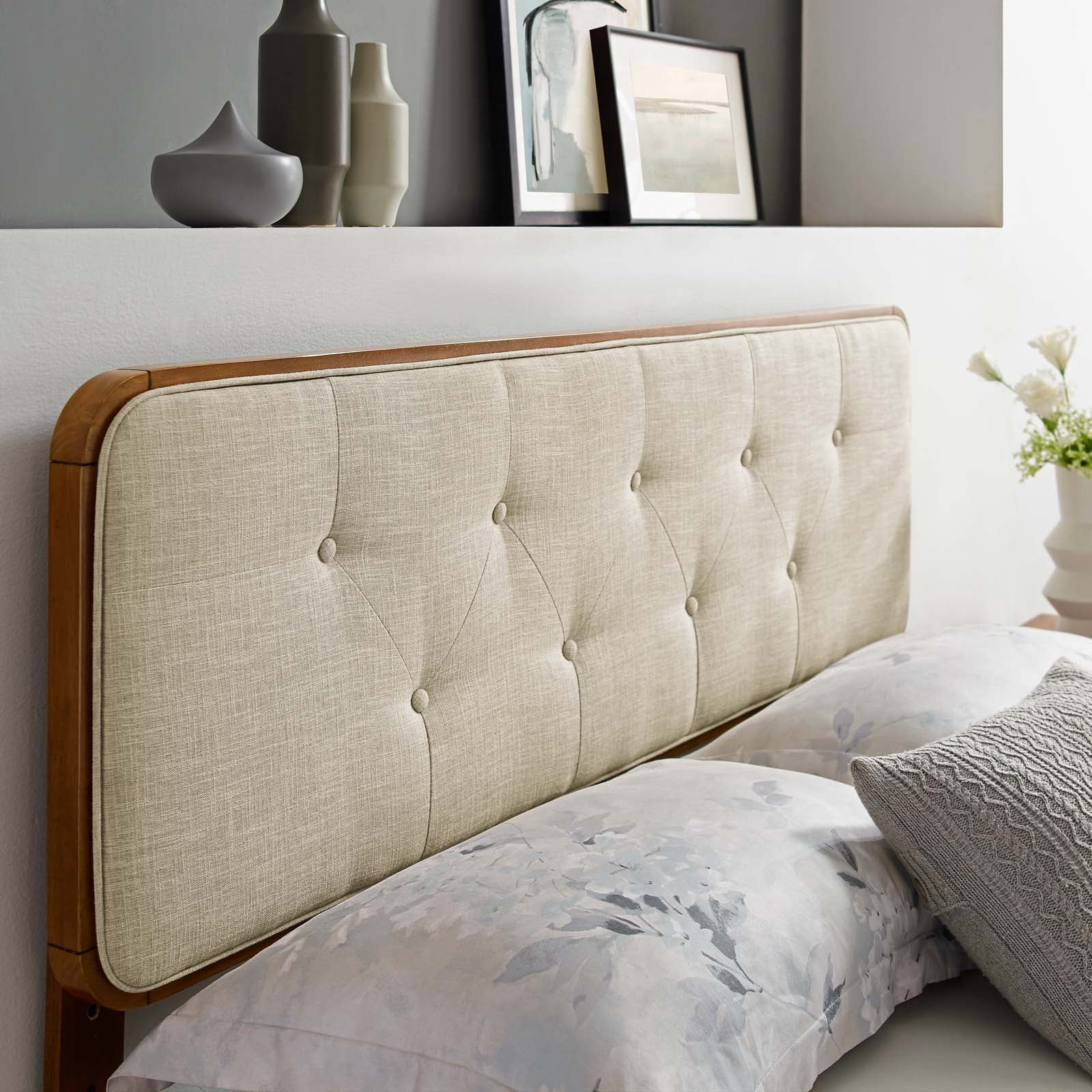 Tufted Headboard, Queen Size, Wood, Fabric, Brown Walnut Beige, Modern Contemporary Urban Design, Bedroom Master Guest Suite