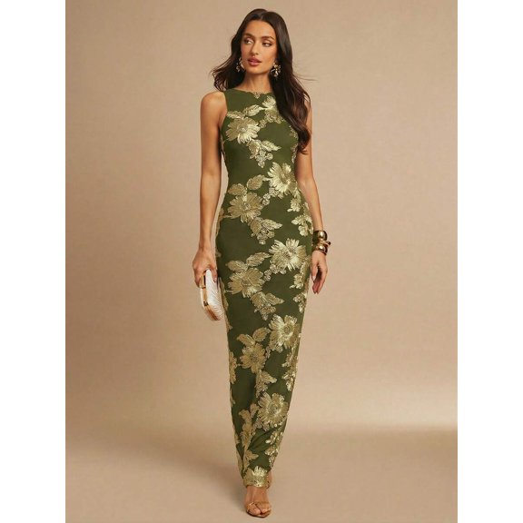 Army Green Jacquard Sleeveless Fitted Maxi Dress With Gold Floral Embroidery, Low Back