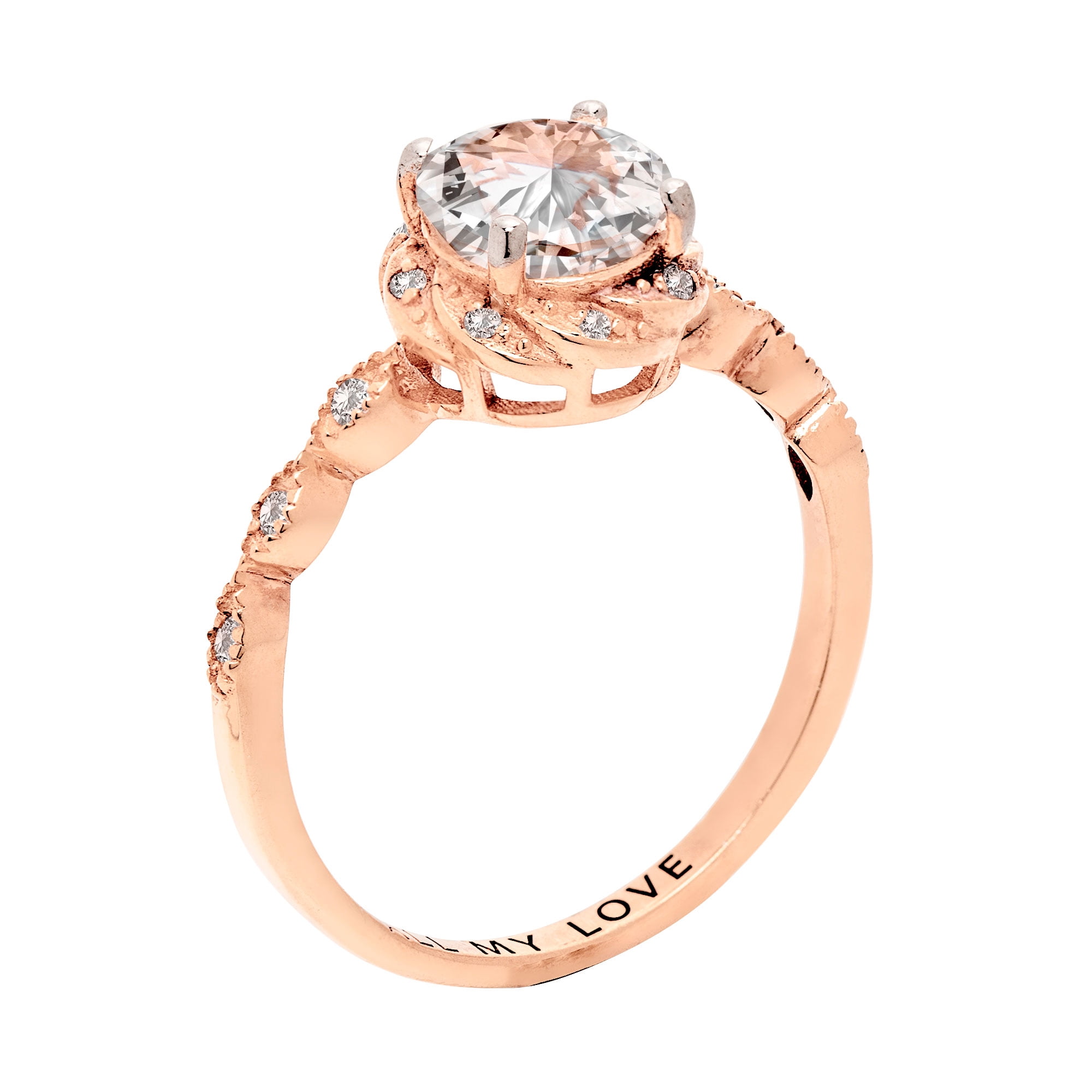 Vow & Forever Personalized Bridal 14K Rose Gold over Sterling Silver White Topaz with Halo Diamond Accent Engraved Engagement Ring