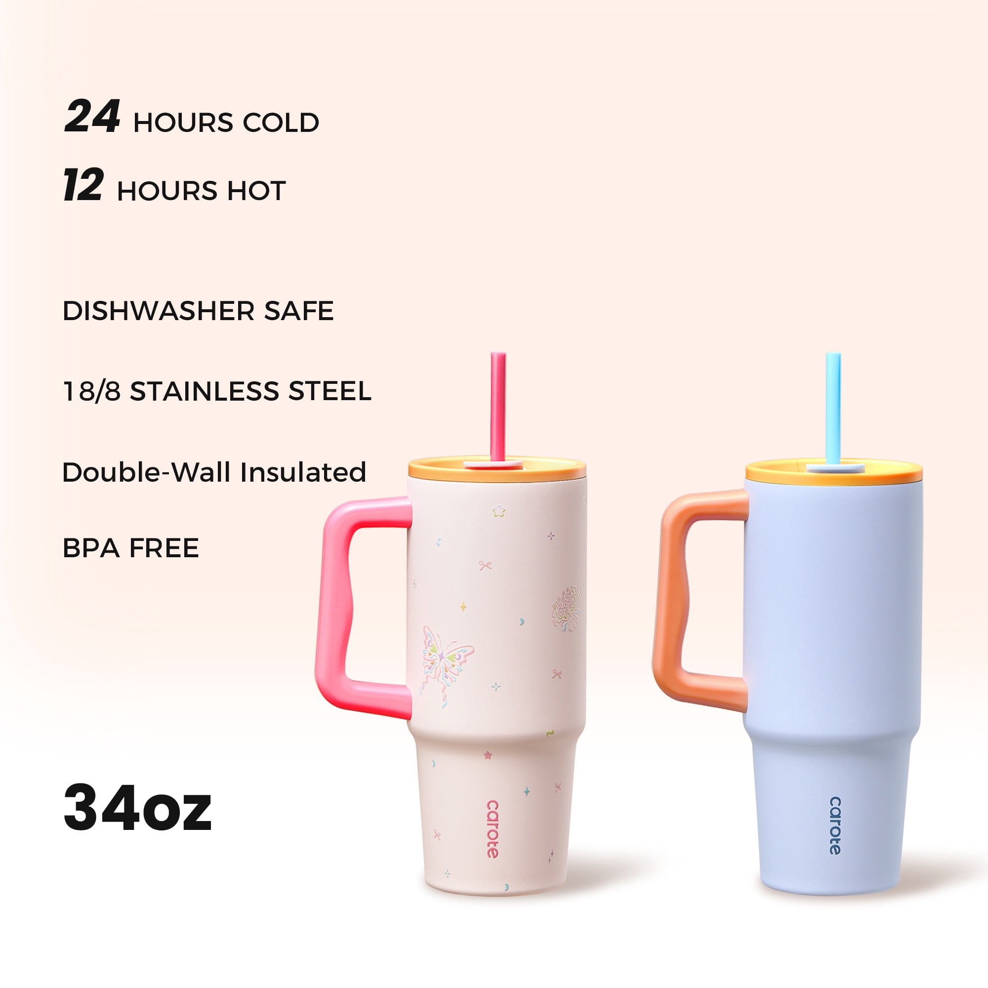 Carote 2pcs Heart Paradise Insulated Stainless Steel Tumbler and Water Bottle Set with Straw and Handle, 34 fl oz, Pink & Blue